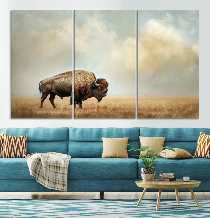 A Sepia American Bison Wall Art Print for Farmhouse Wall Decor adorns the wall, featuring a majestic bison on a grassy plain. Its Western Canvas Print finish adds sophistication to the space.