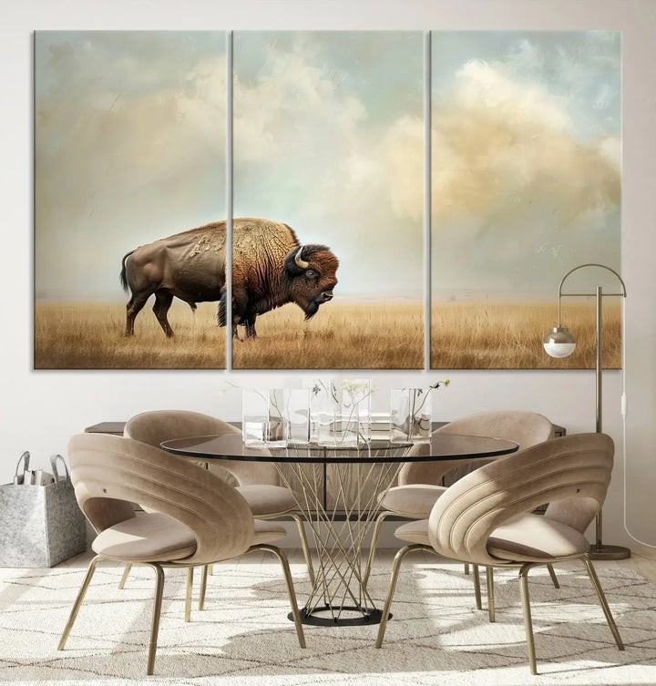 A Sepia American Bison Wall Art Print for Farmhouse Wall Decor adorns the wall, featuring a majestic bison on a grassy plain. Its Western Canvas Print finish adds sophistication to the space.