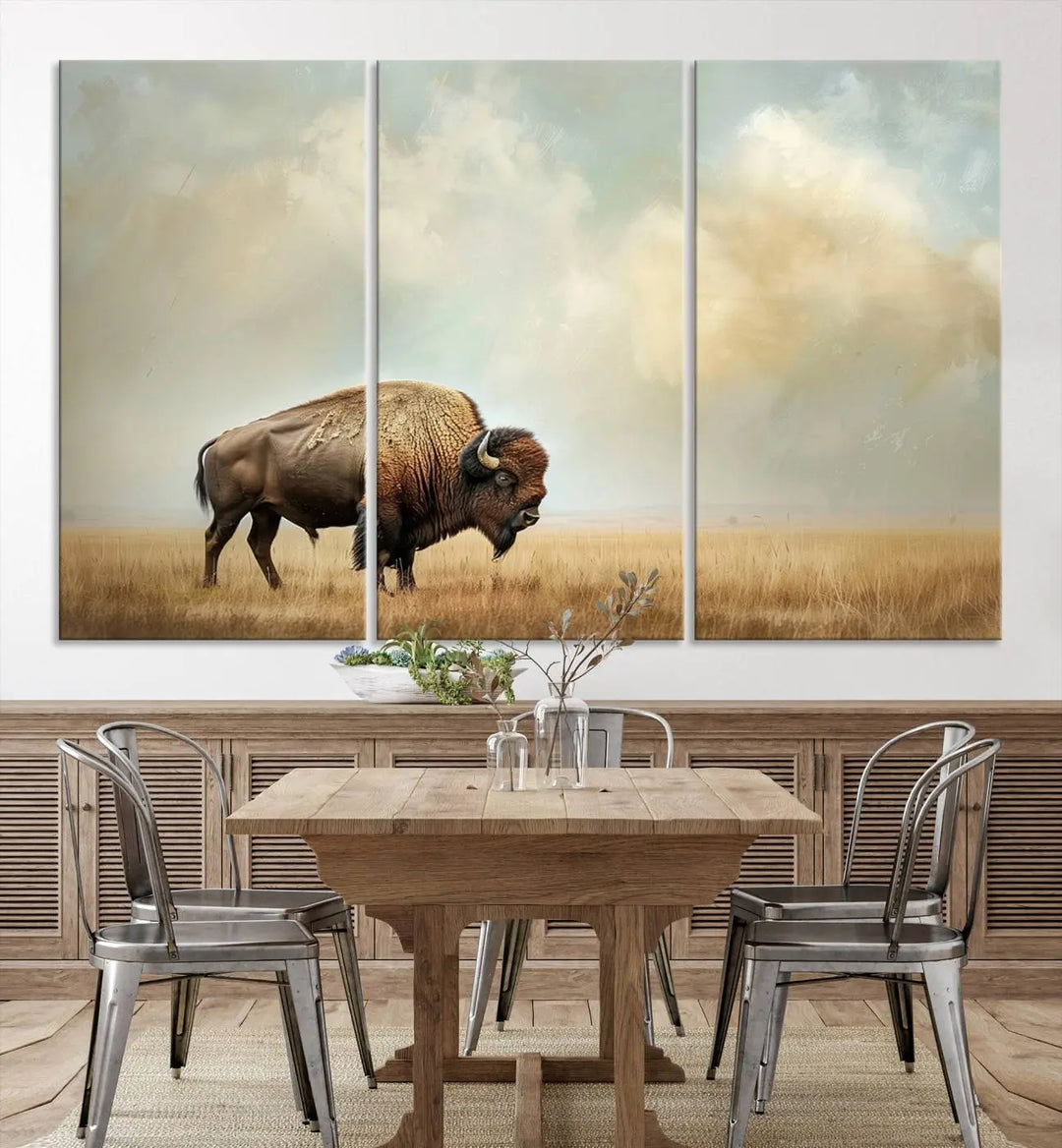 A Sepia American Bison Wall Art Print for Farmhouse Wall Decor adorns the wall, featuring a majestic bison on a grassy plain. Its Western Canvas Print finish adds sophistication to the space.