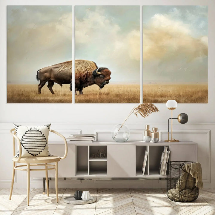 A Sepia American Bison Wall Art Print for Farmhouse Wall Decor adorns the wall, featuring a majestic bison on a grassy plain. Its Western Canvas Print finish adds sophistication to the space.