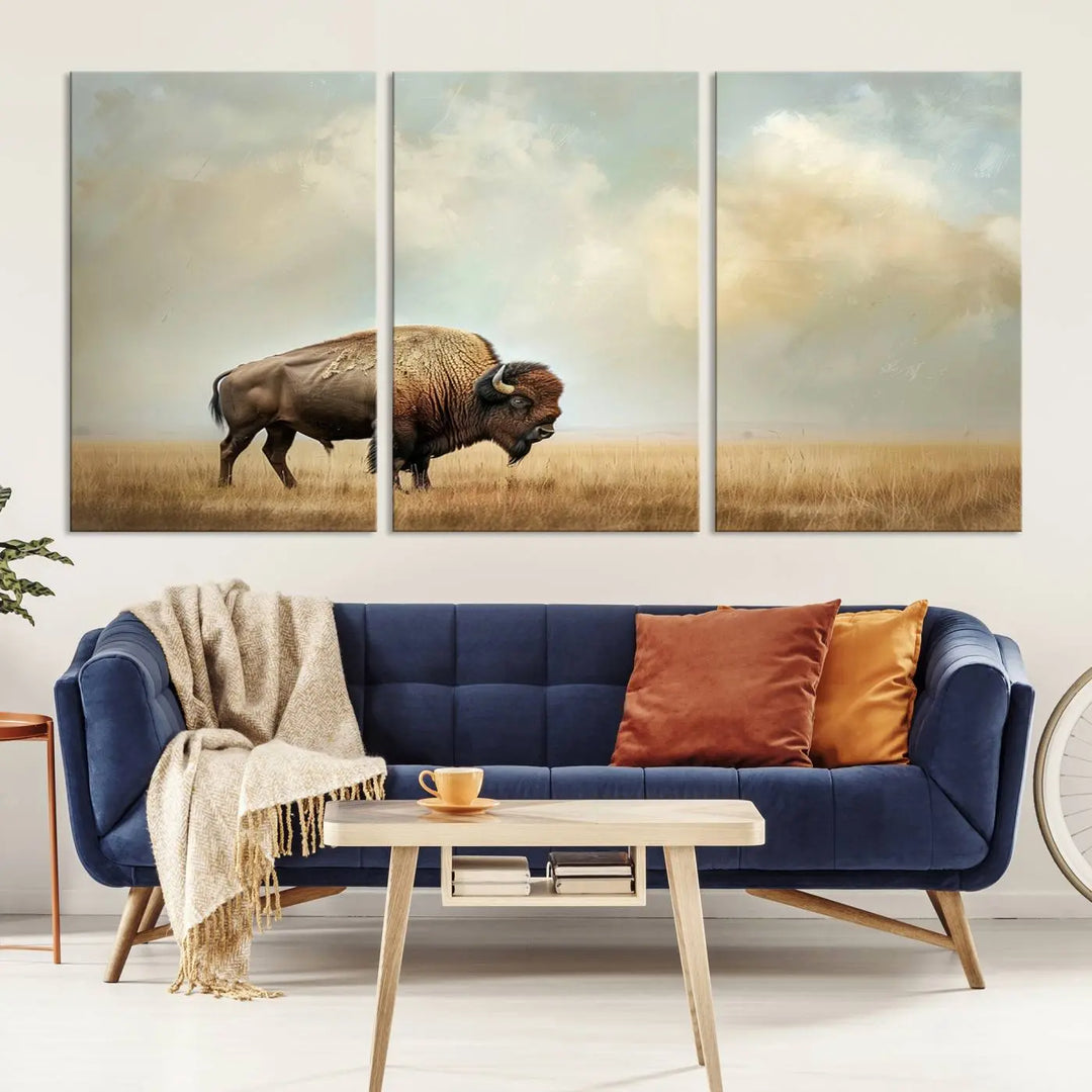 A Sepia American Bison Wall Art Print for Farmhouse Wall Decor adorns the wall, featuring a majestic bison on a grassy plain. Its Western Canvas Print finish adds sophistication to the space.