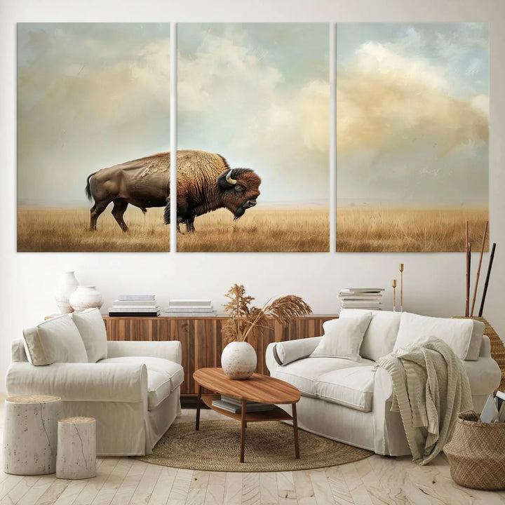 A Sepia American Bison Wall Art Print for Farmhouse Wall Decor adorns the wall, featuring a majestic bison on a grassy plain. Its Western Canvas Print finish adds sophistication to the space.