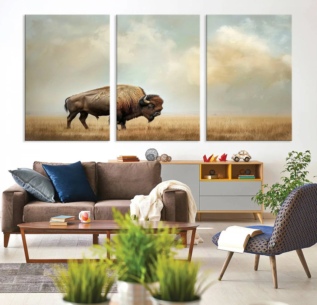 A Sepia American Bison Wall Art Print for Farmhouse Wall Decor adorns the wall, featuring a majestic bison on a grassy plain. Its Western Canvas Print finish adds sophistication to the space.