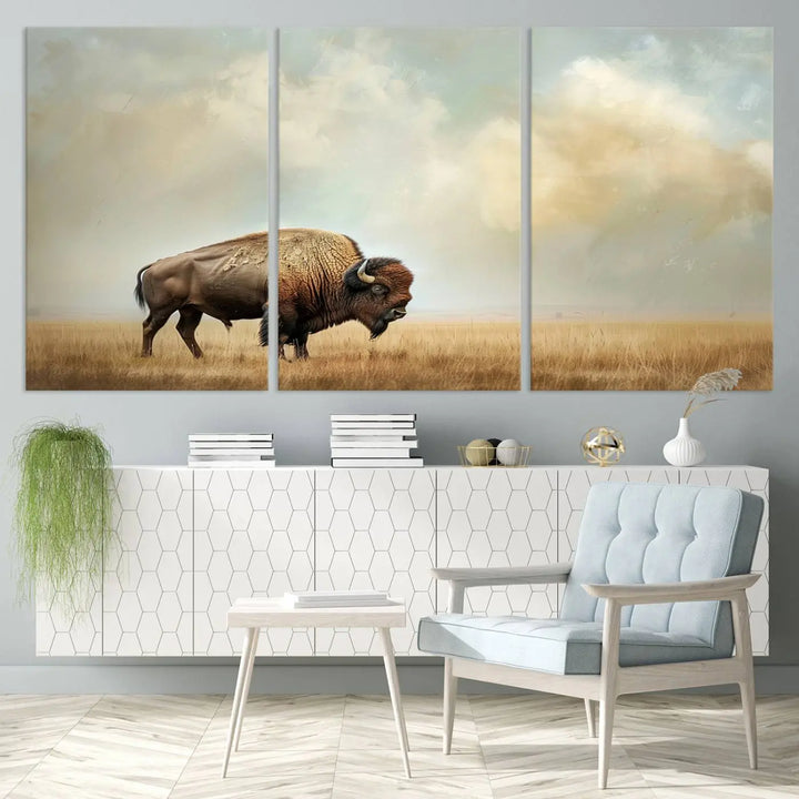 A Sepia American Bison Wall Art Print for Farmhouse Wall Decor adorns the wall, featuring a majestic bison on a grassy plain. Its Western Canvas Print finish adds sophistication to the space.