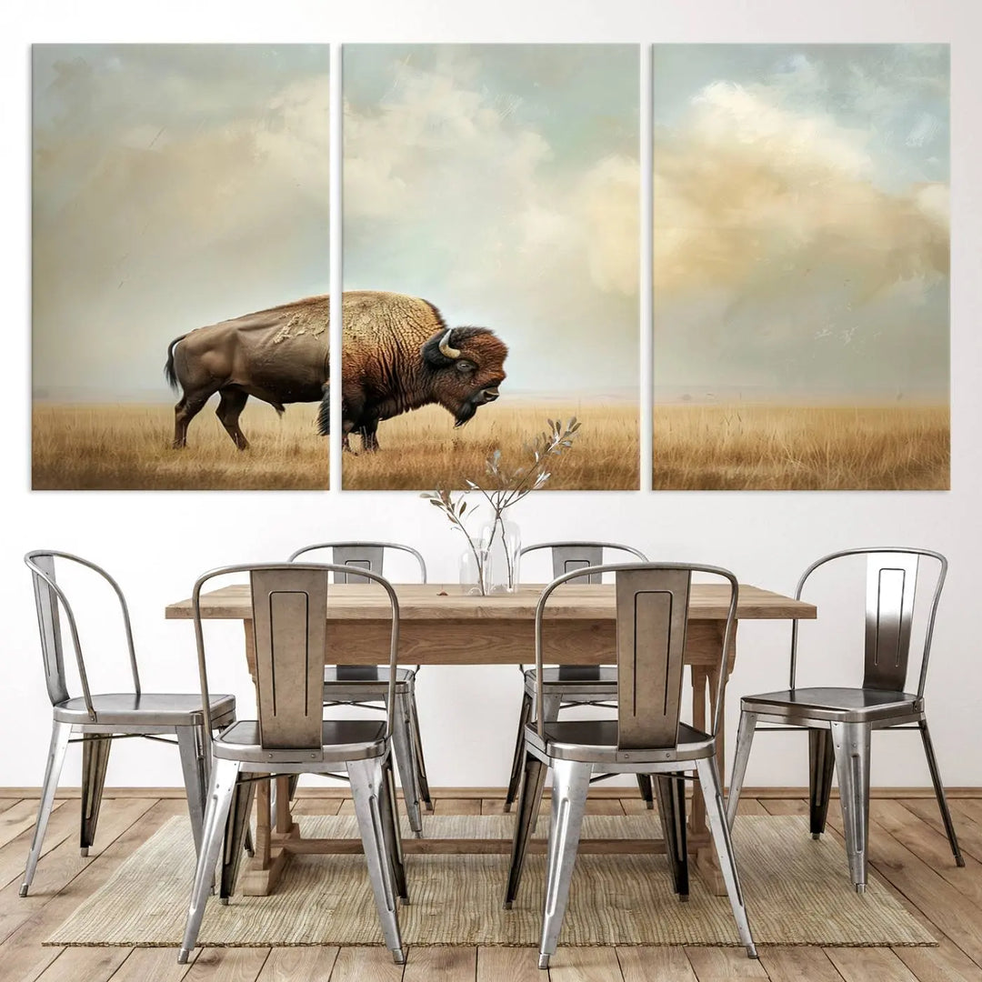 A Sepia American Bison Wall Art Print for Farmhouse Wall Decor adorns the wall, featuring a majestic bison on a grassy plain. Its Western Canvas Print finish adds sophistication to the space.