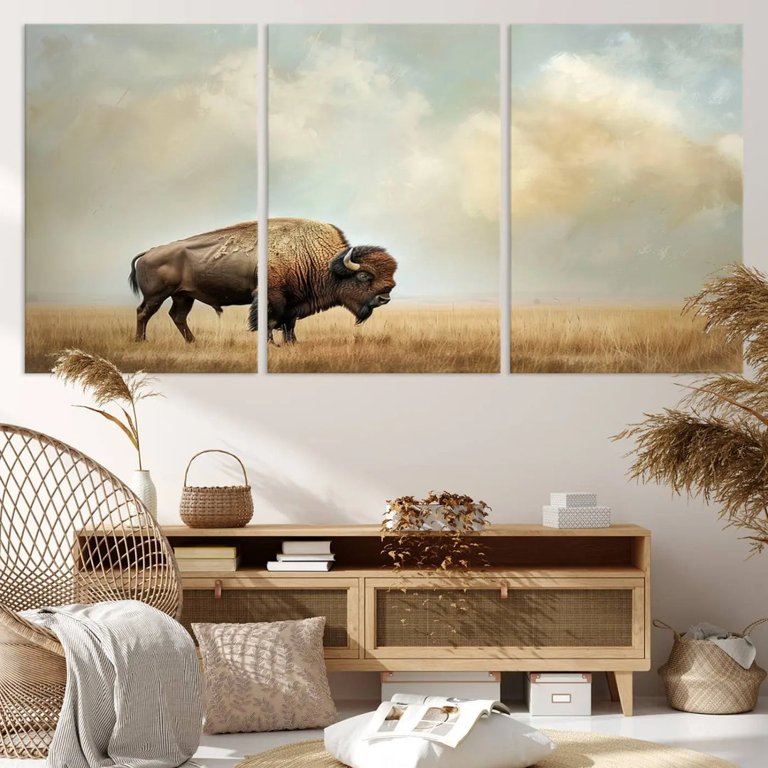 A Sepia American Bison Wall Art Print for Farmhouse Wall Decor adorns the wall, featuring a majestic bison on a grassy plain. Its Western Canvas Print finish adds sophistication to the space.