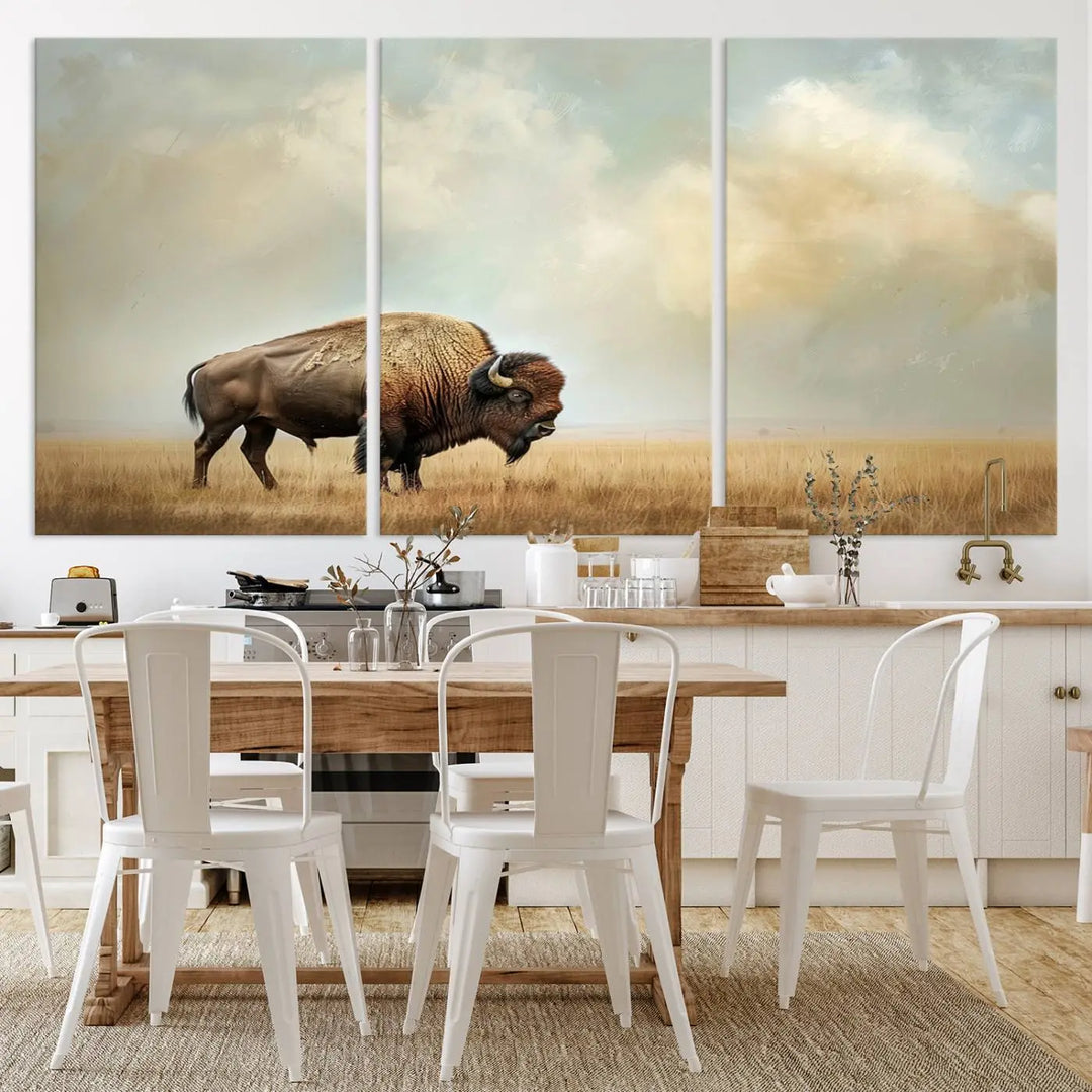 A Sepia American Bison Wall Art Print for Farmhouse Wall Decor adorns the wall, featuring a majestic bison on a grassy plain. Its Western Canvas Print finish adds sophistication to the space.