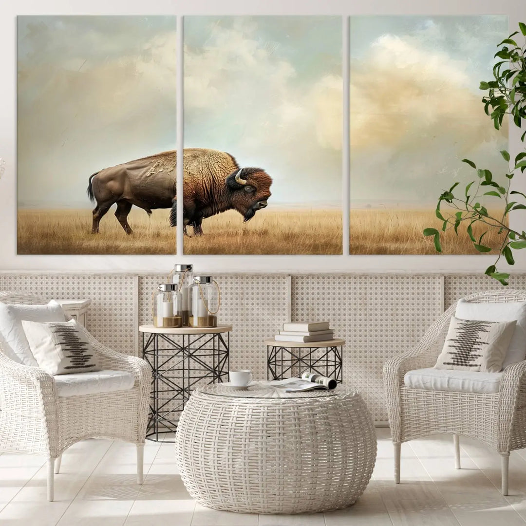 A Sepia American Bison Wall Art Print for Farmhouse Wall Decor adorns the wall, featuring a majestic bison on a grassy plain. Its Western Canvas Print finish adds sophistication to the space.