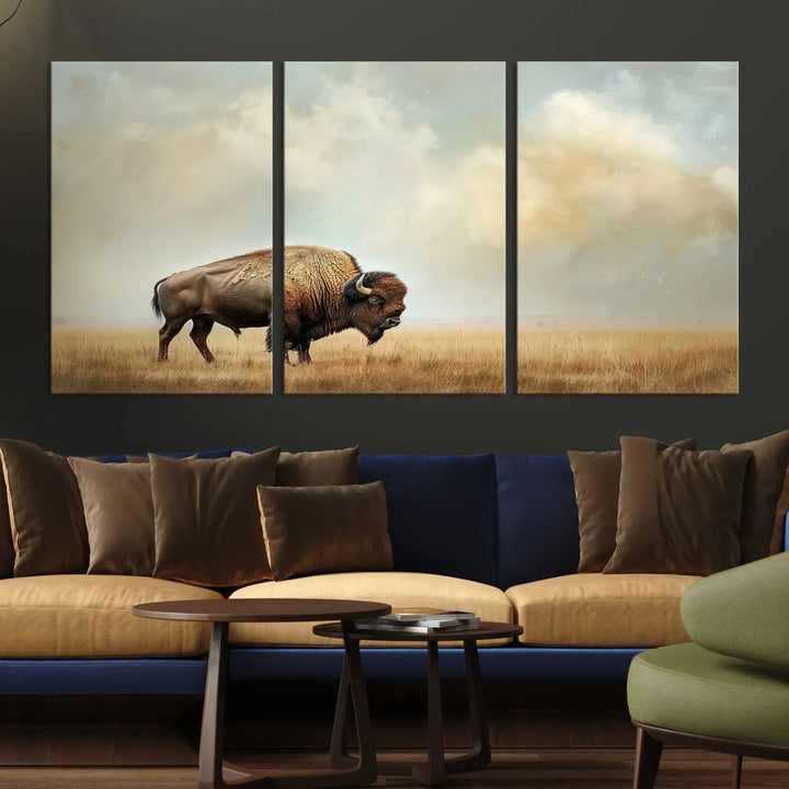 A Sepia American Bison Wall Art Print for Farmhouse Wall Decor adorns the wall, featuring a majestic bison on a grassy plain. Its Western Canvas Print finish adds sophistication to the space.