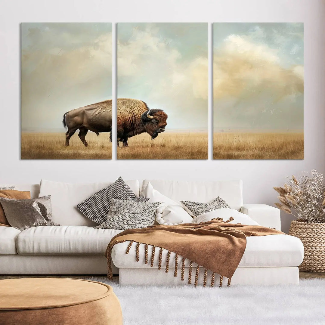 A Sepia American Bison Wall Art Print for Farmhouse Wall Decor adorns the wall, featuring a majestic bison on a grassy plain. Its Western Canvas Print finish adds sophistication to the space.