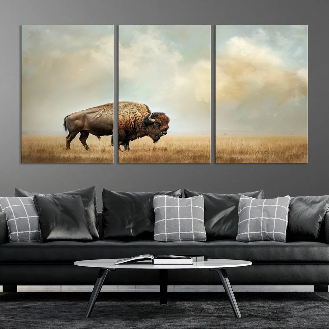 A Sepia American Bison Wall Art Print for Farmhouse Wall Decor adorns the wall, featuring a majestic bison on a grassy plain. Its Western Canvas Print finish adds sophistication to the space.