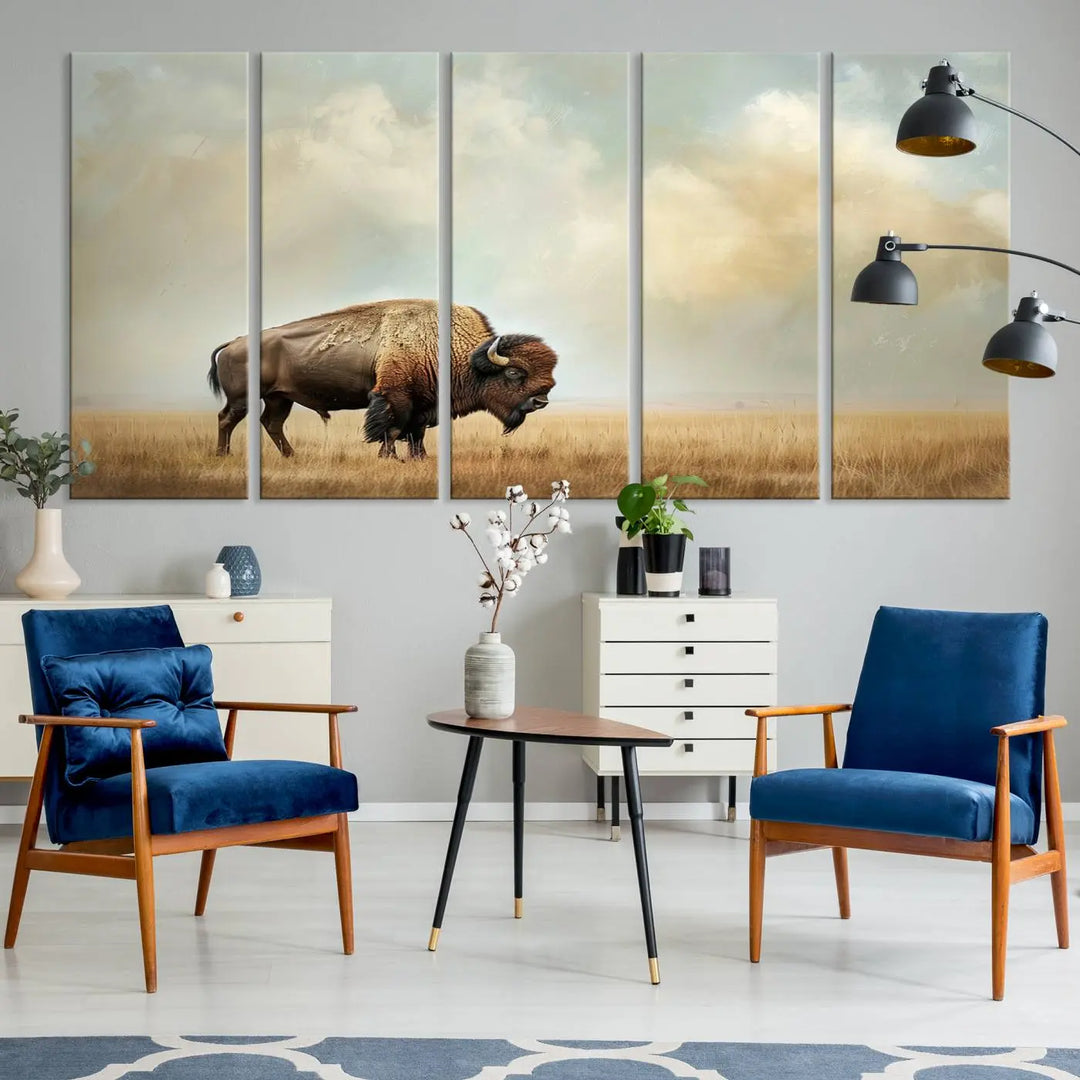 A Sepia American Bison Wall Art Print for Farmhouse Wall Decor adorns the wall, featuring a majestic bison on a grassy plain. Its Western Canvas Print finish adds sophistication to the space.