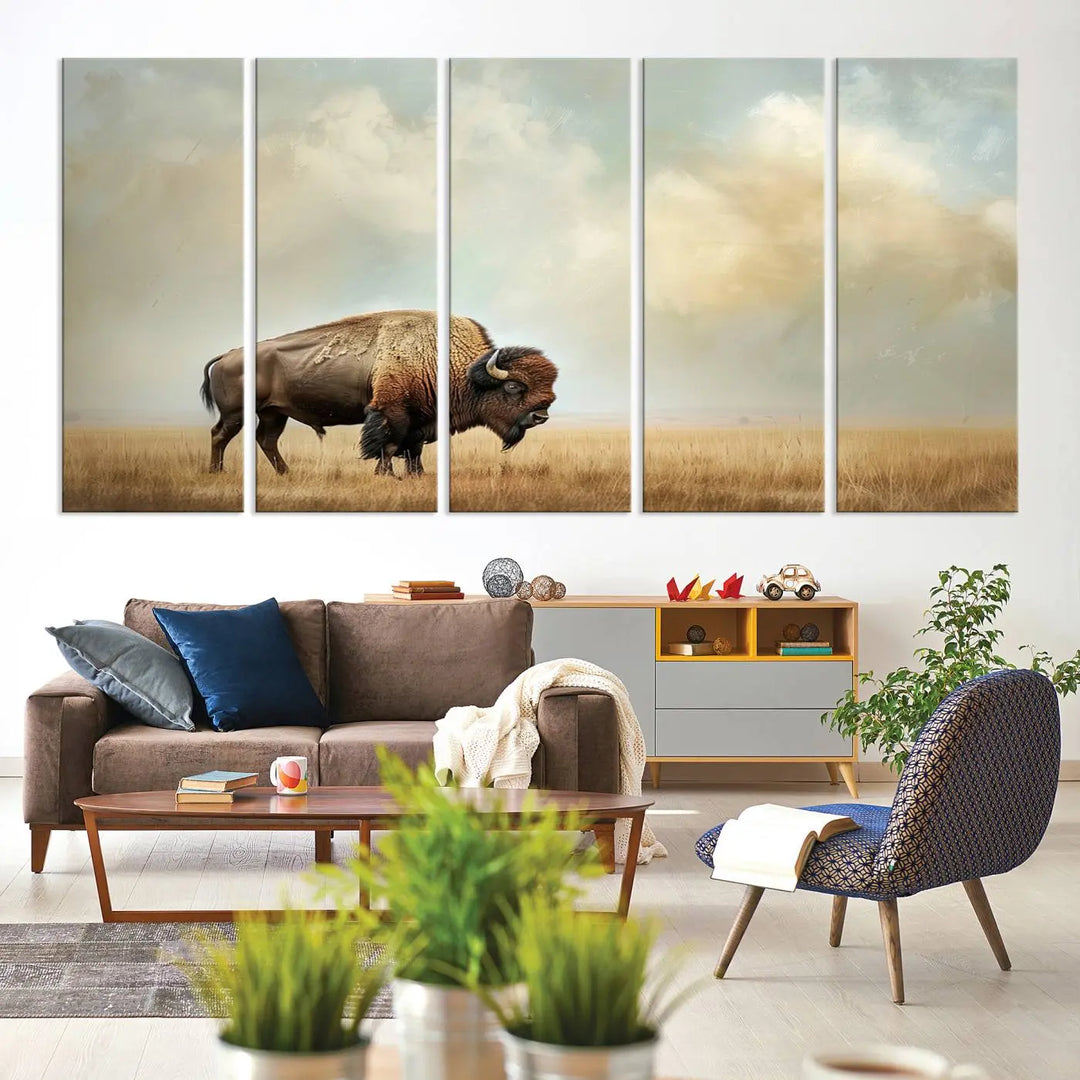 A Sepia American Bison Wall Art Print for Farmhouse Wall Decor adorns the wall, featuring a majestic bison on a grassy plain. Its Western Canvas Print finish adds sophistication to the space.