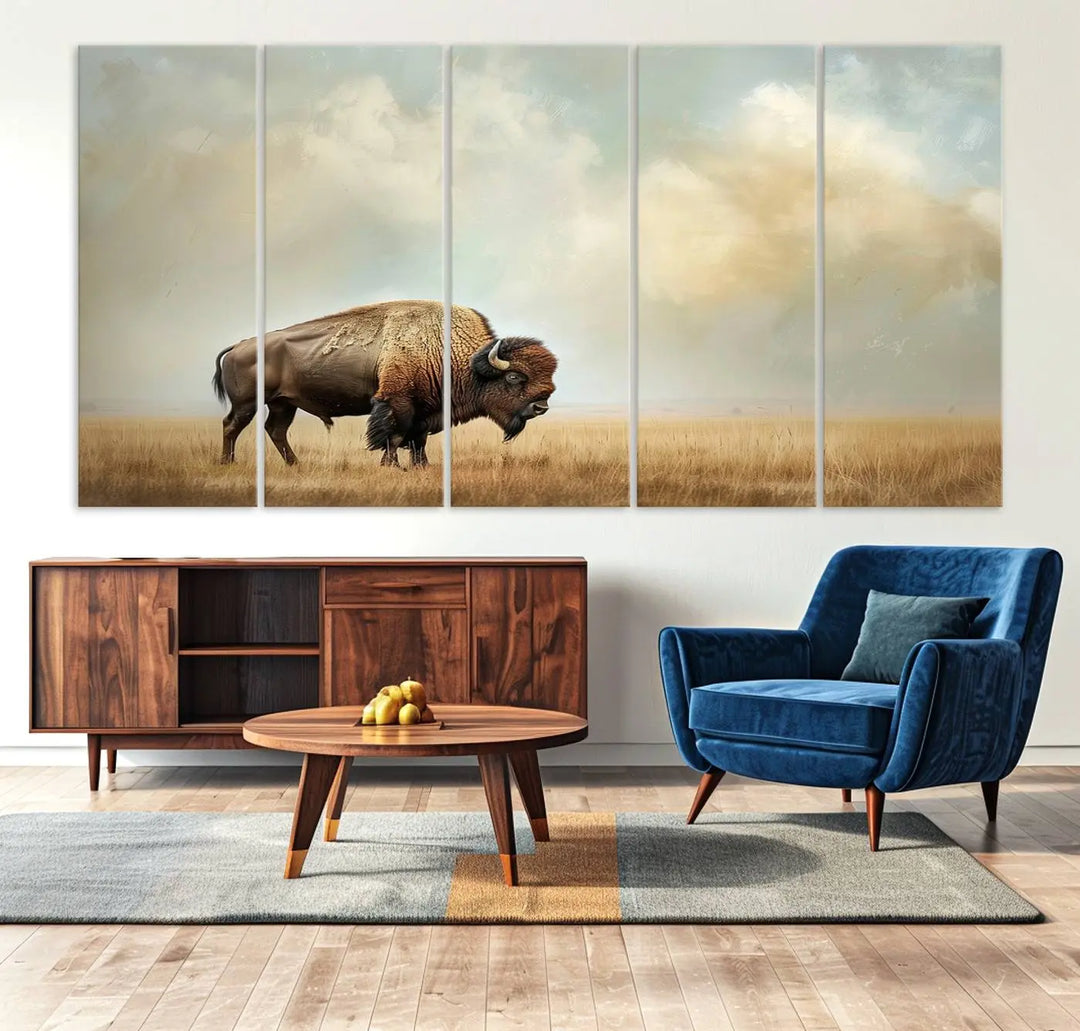 A Sepia American Bison Wall Art Print for Farmhouse Wall Decor adorns the wall, featuring a majestic bison on a grassy plain. Its Western Canvas Print finish adds sophistication to the space.