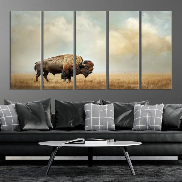 A Sepia American Bison Wall Art Print for Farmhouse Wall Decor adorns the wall, featuring a majestic bison on a grassy plain. Its Western Canvas Print finish adds sophistication to the space.