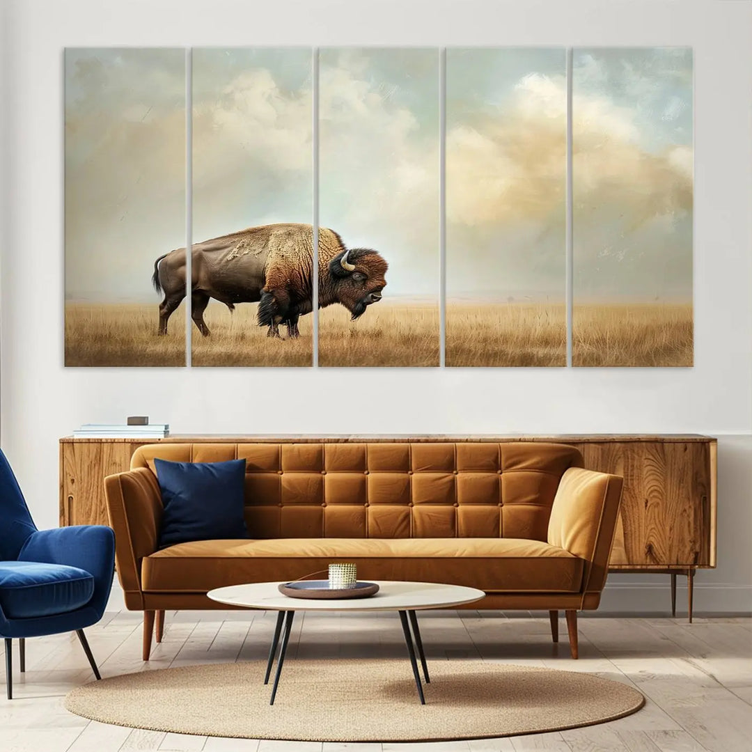 A Sepia American Bison Wall Art Print for Farmhouse Wall Decor adorns the wall, featuring a majestic bison on a grassy plain. Its Western Canvas Print finish adds sophistication to the space.