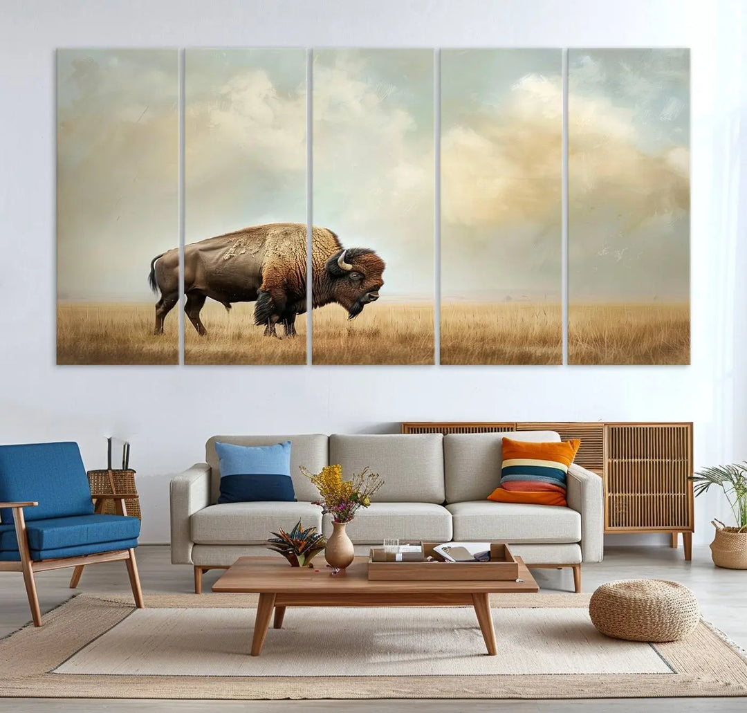 A Sepia American Bison Wall Art Print for Farmhouse Wall Decor adorns the wall, featuring a majestic bison on a grassy plain. Its Western Canvas Print finish adds sophistication to the space.