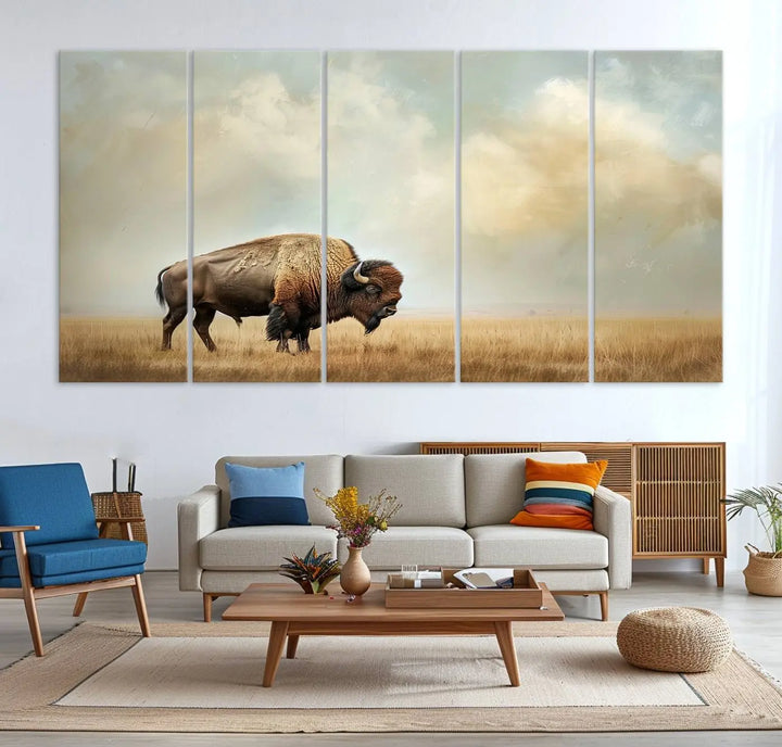 A Sepia American Bison Wall Art Print for Farmhouse Wall Decor adorns the wall, featuring a majestic bison on a grassy plain. Its Western Canvas Print finish adds sophistication to the space.