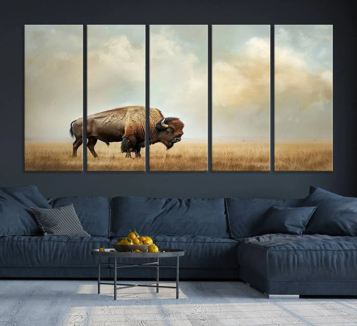 A Sepia American Bison Wall Art Print for Farmhouse Wall Decor adorns the wall, featuring a majestic bison on a grassy plain. Its Western Canvas Print finish adds sophistication to the space.