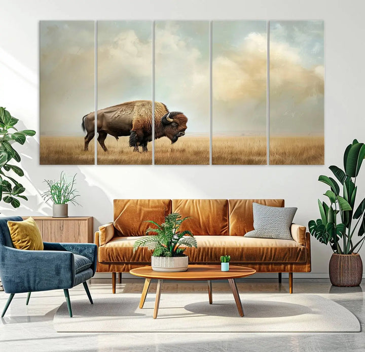 A Sepia American Bison Wall Art Print for Farmhouse Wall Decor adorns the wall, featuring a majestic bison on a grassy plain. Its Western Canvas Print finish adds sophistication to the space.