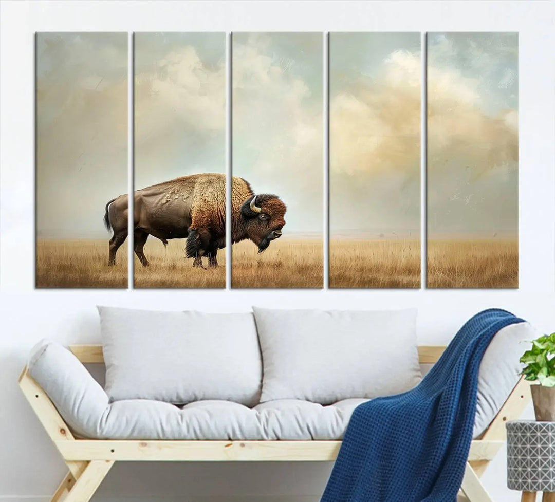 A Sepia American Bison Wall Art Print for Farmhouse Wall Decor adorns the wall, featuring a majestic bison on a grassy plain. Its Western Canvas Print finish adds sophistication to the space.