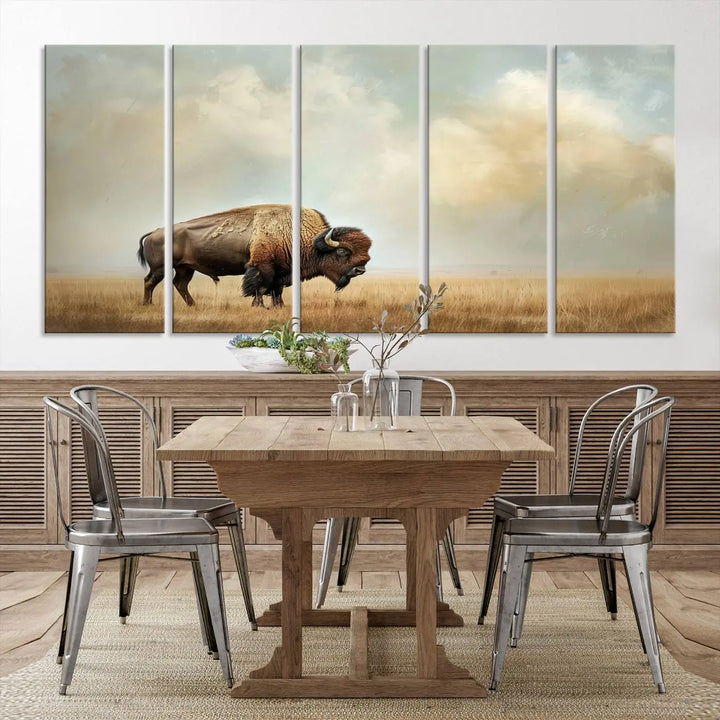 A Sepia American Bison Wall Art Print for Farmhouse Wall Decor adorns the wall, featuring a majestic bison on a grassy plain. Its Western Canvas Print finish adds sophistication to the space.