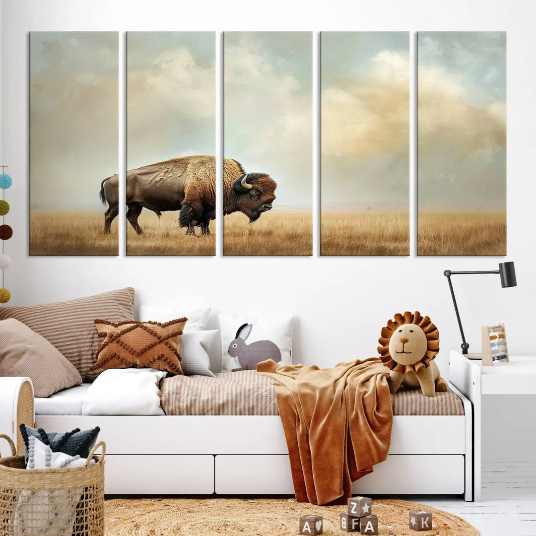 A Sepia American Bison Wall Art Print for Farmhouse Wall Decor adorns the wall, featuring a majestic bison on a grassy plain. Its Western Canvas Print finish adds sophistication to the space.