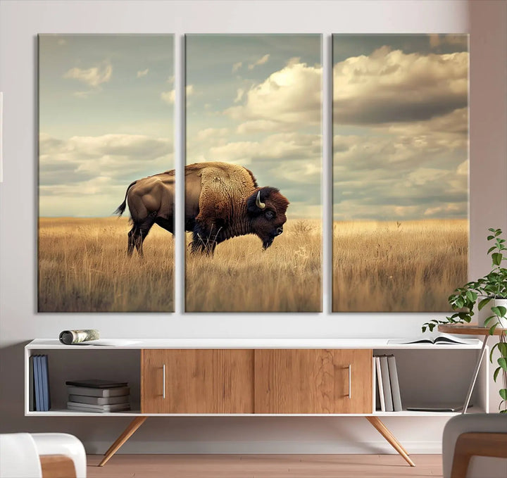 The Sepia American Bison Wall Art Print, a Western canvas print, depicts a bison standing in a grassy field beneath a cloudy sky. This high-resolution museum-quality triptych wall art is ideal for farmhouse wall decor.