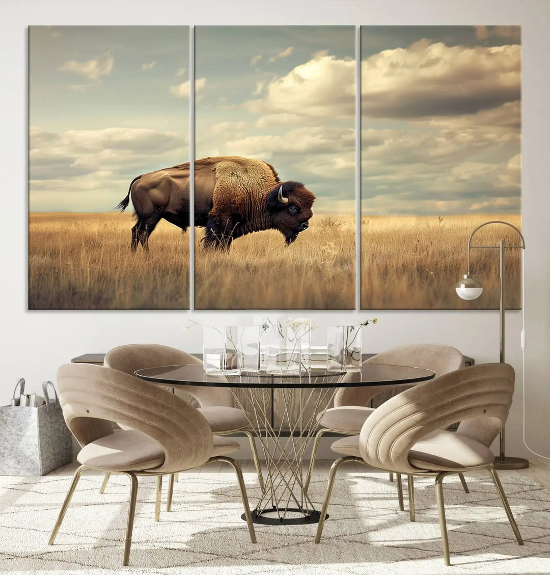 The Sepia American Bison Wall Art Print, a Western canvas print, depicts a bison standing in a grassy field beneath a cloudy sky. This high-resolution museum-quality triptych wall art is ideal for farmhouse wall decor.