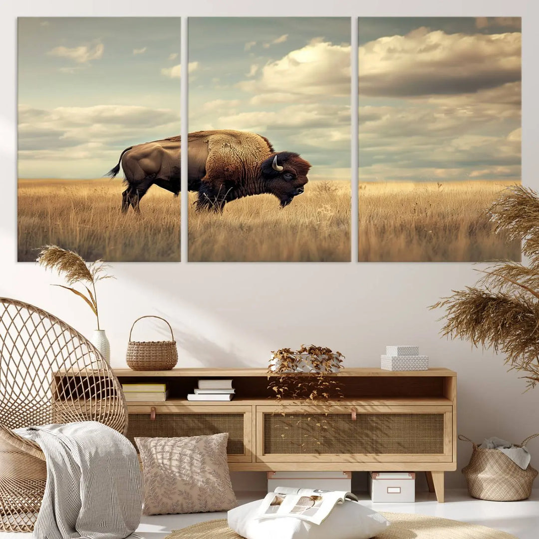 The Sepia American Bison Wall Art Print, a Western canvas print, depicts a bison standing in a grassy field beneath a cloudy sky. This high-resolution museum-quality triptych wall art is ideal for farmhouse wall decor.