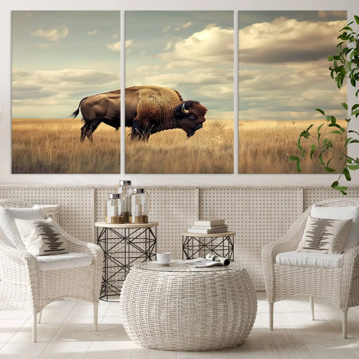 The Sepia American Bison Wall Art Print, a Western canvas print, depicts a bison standing in a grassy field beneath a cloudy sky. This high-resolution museum-quality triptych wall art is ideal for farmhouse wall decor.