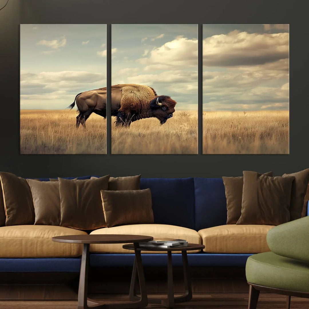 The Sepia American Bison Wall Art Print, a Western canvas print, depicts a bison standing in a grassy field beneath a cloudy sky. This high-resolution museum-quality triptych wall art is ideal for farmhouse wall decor.