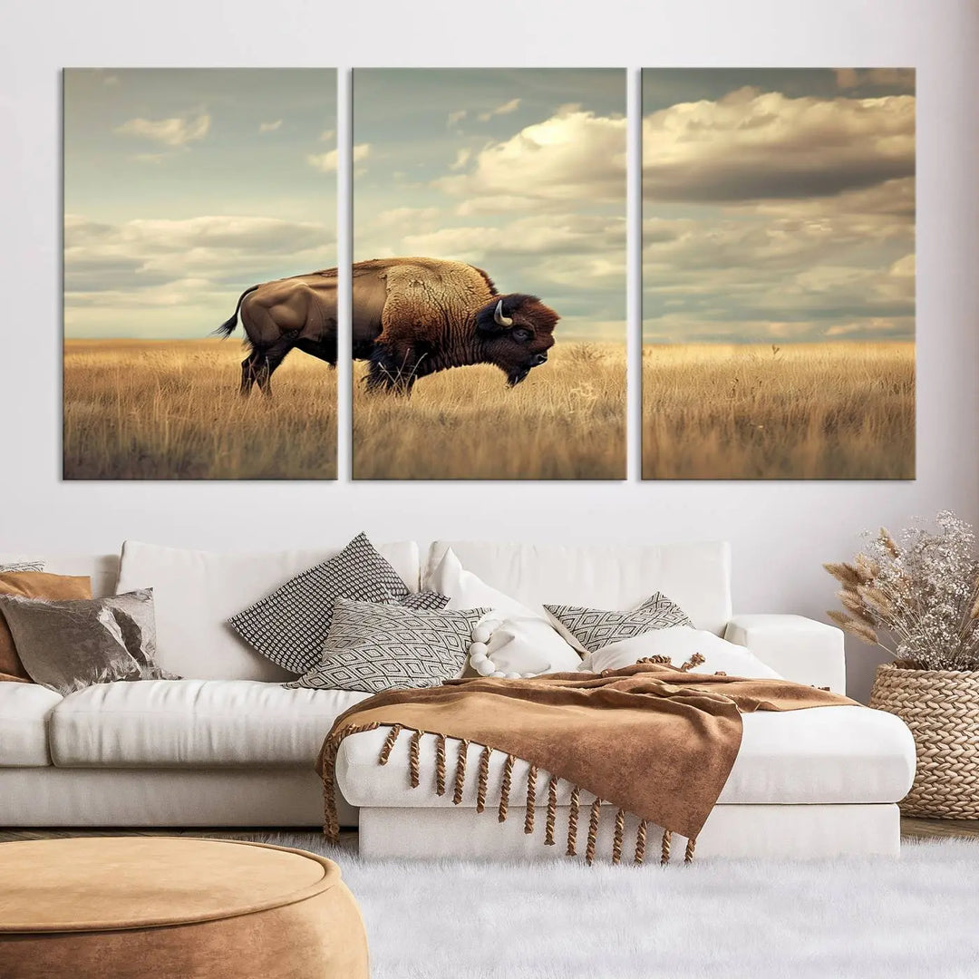 The Sepia American Bison Wall Art Print, a Western canvas print, depicts a bison standing in a grassy field beneath a cloudy sky. This high-resolution museum-quality triptych wall art is ideal for farmhouse wall decor.