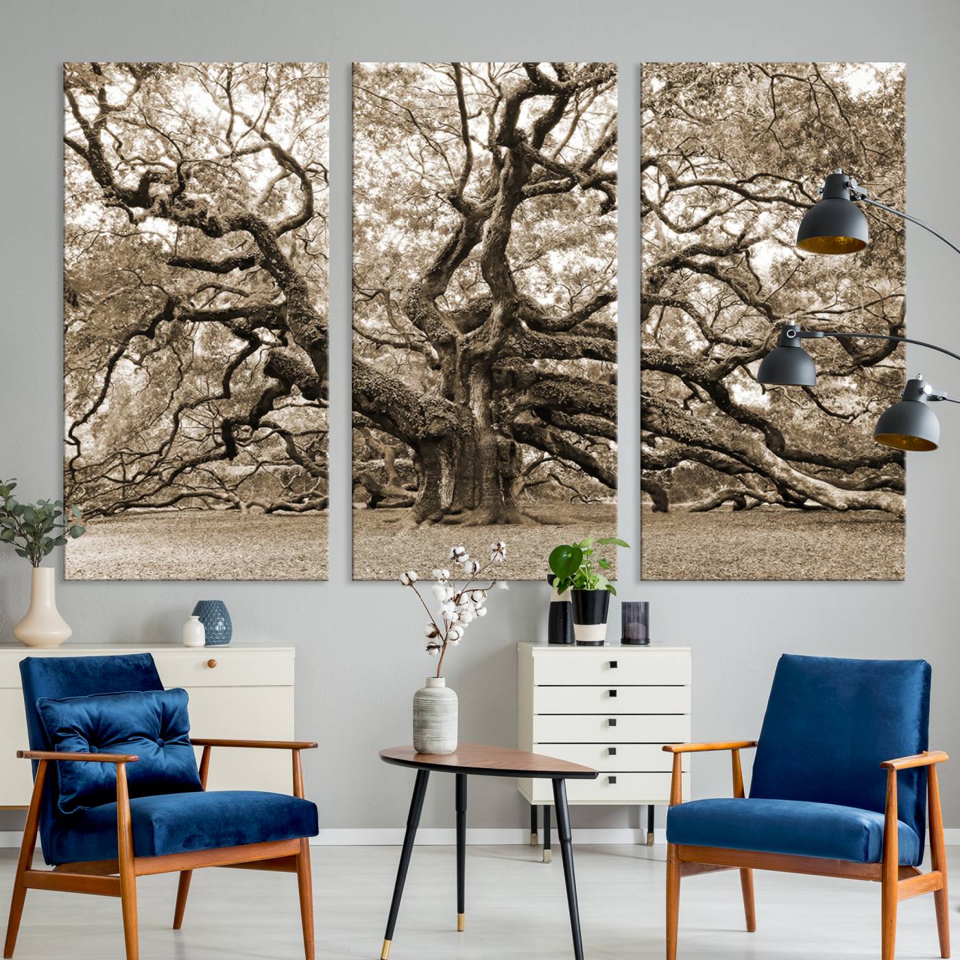 Sepia Framed Angel Oak Tree Wall Art - 3-Panel Canvas Prints, Large Green Nature Artwork, Ready to Hang Home Decor for Living Room, Office,