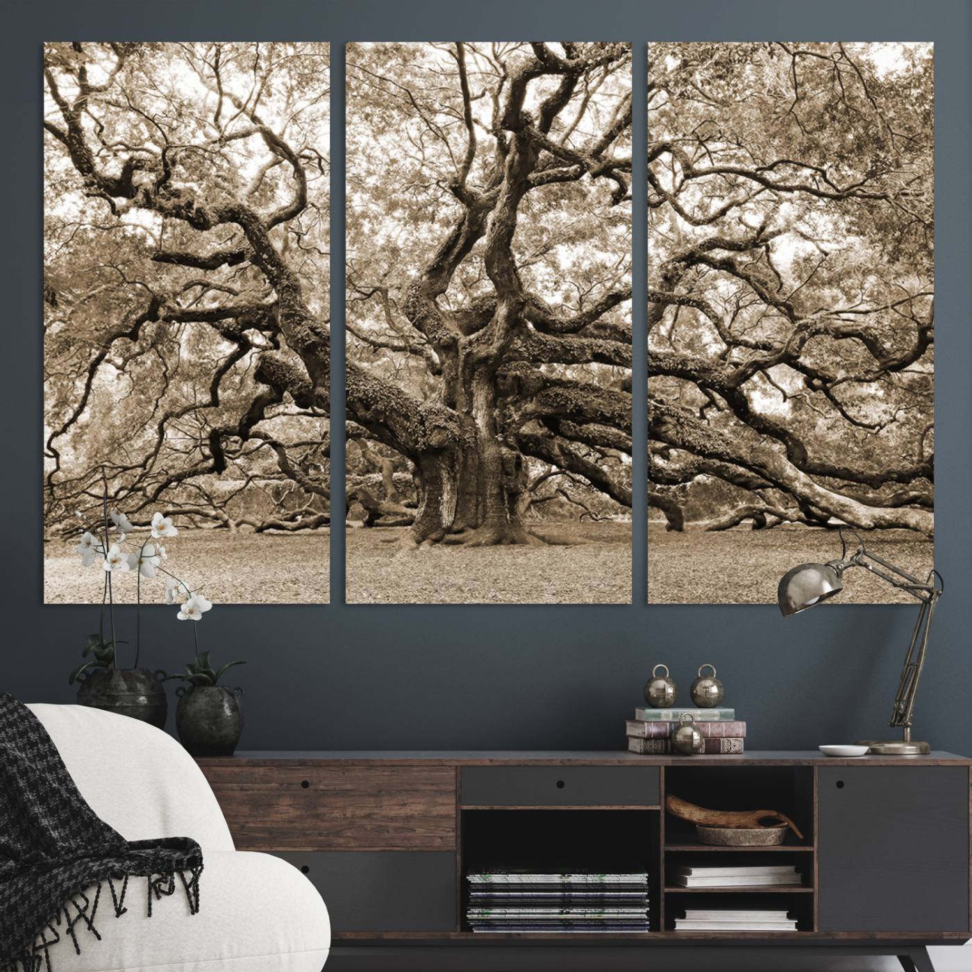 Sepia Framed Angel Oak Tree Wall Art - 3-Panel Canvas Prints, Large Green Nature Artwork, Ready to Hang Home Decor for Living Room, Office,