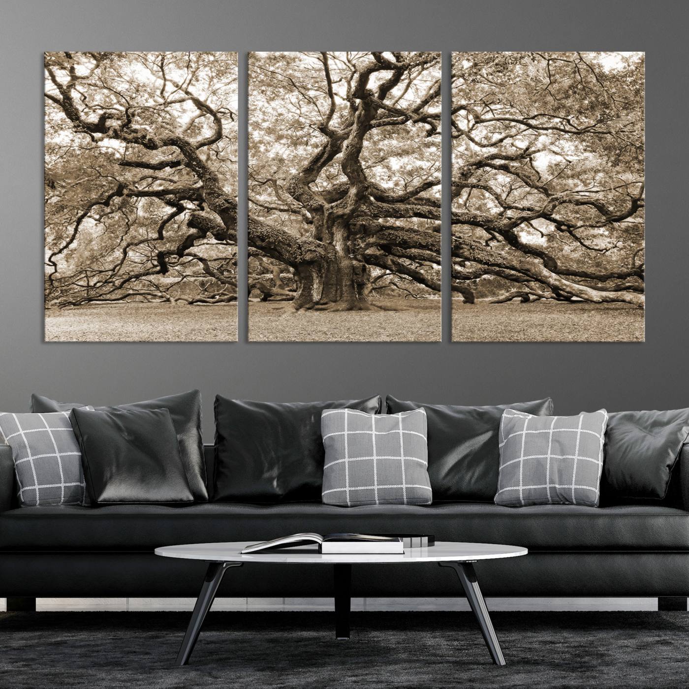 51126-MGV-CV-36X24-Sepia Framed Angel Oak Tree Wall Art - 3-Panel Canvas Prints, Large Green Nature Artwork, Ready to Hang Home Decor for Living Room, Office,