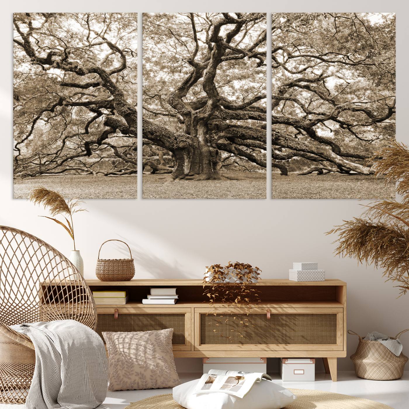 51126-MGV-CV-36X24-Sepia Framed Angel Oak Tree Wall Art - 3-Panel Canvas Prints, Large Green Nature Artwork, Ready to Hang Home Decor for Living Room, Office,
