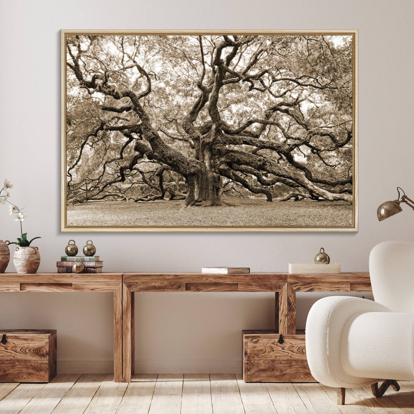51126-MGV-FC-36X24_Natural-Sepia Framed Angel Oak Tree Wall Art - 3-Panel Canvas Prints, Large Green Nature Artwork, Ready to Hang Home Decor for Living Room, Office,