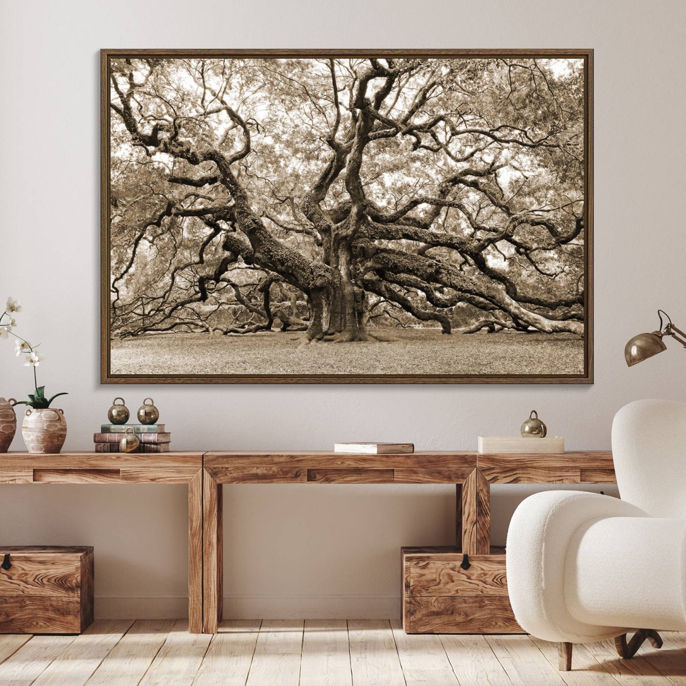 51126-MGV-FC-36X24_Walnut-Sepia Framed Angel Oak Tree Wall Art - 3-Panel Canvas Prints, Large Green Nature Artwork, Ready to Hang Home Decor for Living Room, Office,