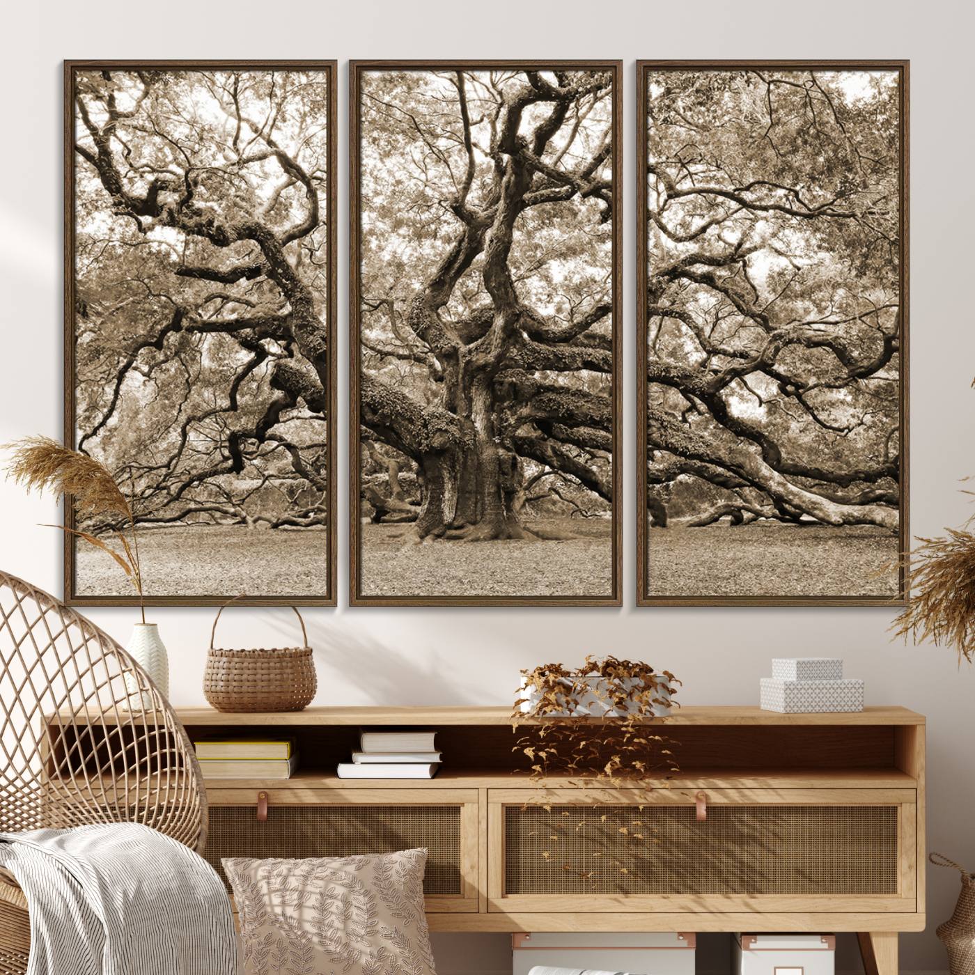 51126-MGV-FC-48X32-3P_Walnut-Sepia Framed Angel Oak Tree Wall Art - 3-Panel Canvas Prints, Large Green Nature Artwork, Ready to Hang Home Decor for Living Room, Office,
