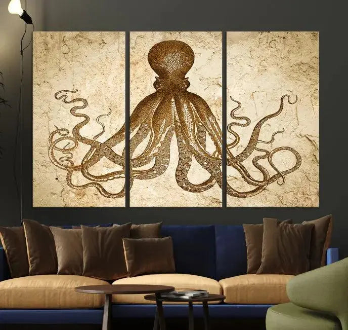 The Sepia Octopus Wall Art Abstract Animal Canvas Print, a three-panel masterpiece crafted on museum-quality canvases with UV-protective coating, elegantly hangs in a stylish living room. Ready to hang, it enhances the space's sophistication.