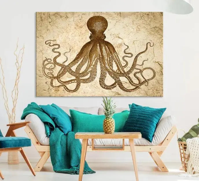 The Sepia Octopus Wall Art Abstract Animal Canvas Print, a three-panel masterpiece crafted on museum-quality canvases with UV-protective coating, elegantly hangs in a stylish living room. Ready to hang, it enhances the space's sophistication.