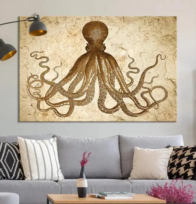 The Sepia Octopus Wall Art Abstract Animal Canvas Print, a three-panel masterpiece crafted on museum-quality canvases with UV-protective coating, elegantly hangs in a stylish living room. Ready to hang, it enhances the space's sophistication.