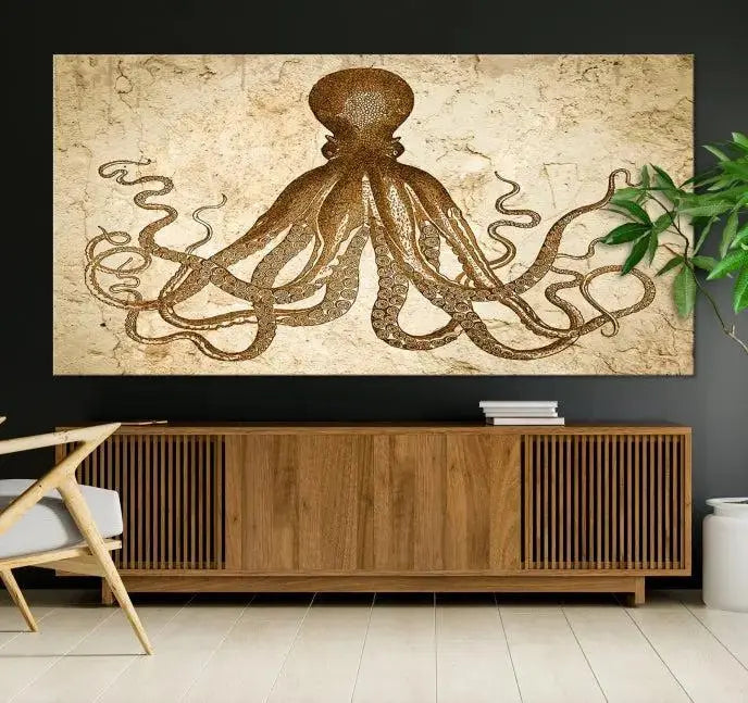 The Sepia Octopus Wall Art Abstract Animal Canvas Print, a three-panel masterpiece crafted on museum-quality canvases with UV-protective coating, elegantly hangs in a stylish living room. Ready to hang, it enhances the space's sophistication.