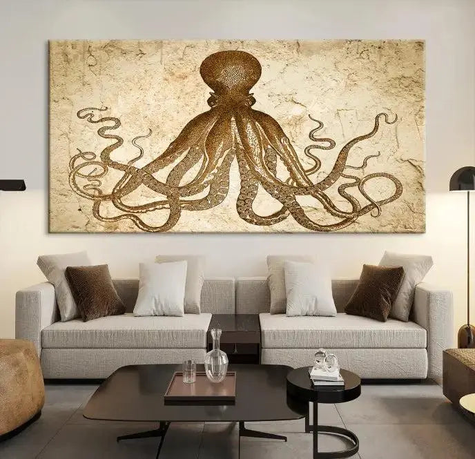 The Sepia Octopus Wall Art Abstract Animal Canvas Print, a three-panel masterpiece crafted on museum-quality canvases with UV-protective coating, elegantly hangs in a stylish living room. Ready to hang, it enhances the space's sophistication.