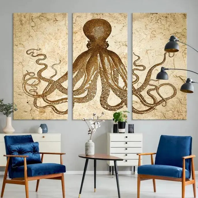 The Sepia Octopus Wall Art Abstract Animal Canvas Print, a three-panel masterpiece crafted on museum-quality canvases with UV-protective coating, elegantly hangs in a stylish living room. Ready to hang, it enhances the space's sophistication.