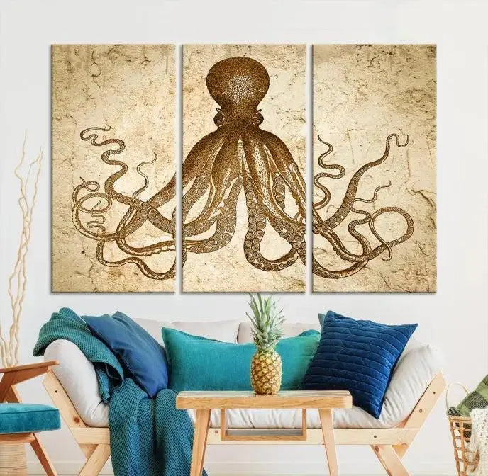 The Sepia Octopus Wall Art Abstract Animal Canvas Print, a three-panel masterpiece crafted on museum-quality canvases with UV-protective coating, elegantly hangs in a stylish living room. Ready to hang, it enhances the space's sophistication.