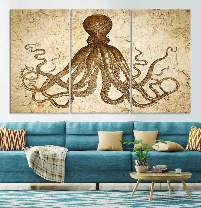 The Sepia Octopus Wall Art Abstract Animal Canvas Print, a three-panel masterpiece crafted on museum-quality canvases with UV-protective coating, elegantly hangs in a stylish living room. Ready to hang, it enhances the space's sophistication.