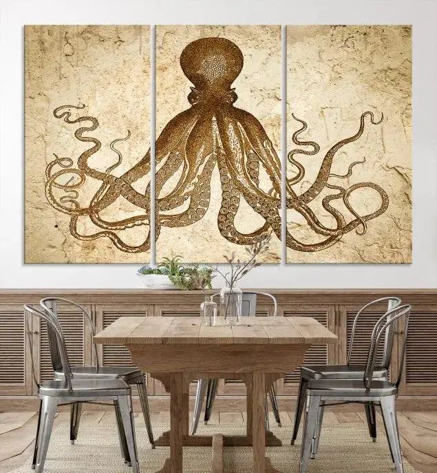 The Sepia Octopus Wall Art Abstract Animal Canvas Print, a three-panel masterpiece crafted on museum-quality canvases with UV-protective coating, elegantly hangs in a stylish living room. Ready to hang, it enhances the space's sophistication.