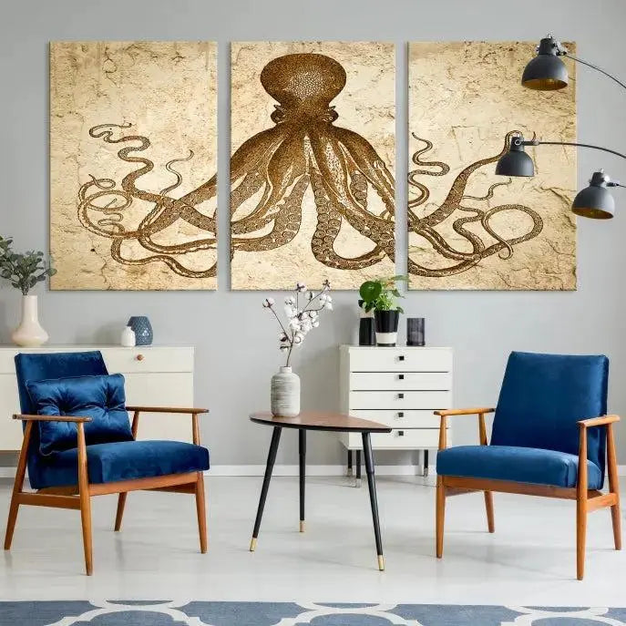 The Sepia Octopus Wall Art Abstract Animal Canvas Print, a three-panel masterpiece crafted on museum-quality canvases with UV-protective coating, elegantly hangs in a stylish living room. Ready to hang, it enhances the space's sophistication.